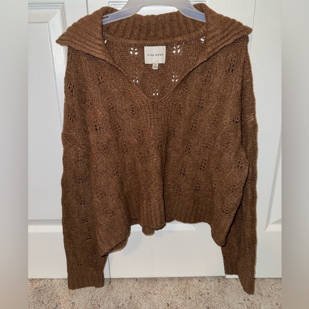 Pink Rose Warm Brown V-Neck Sweater